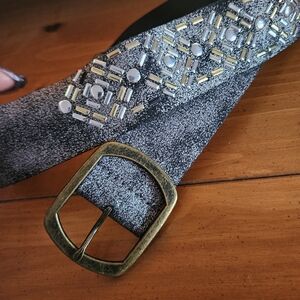 Embellished Black and Silver Belt with Gold Buckle
